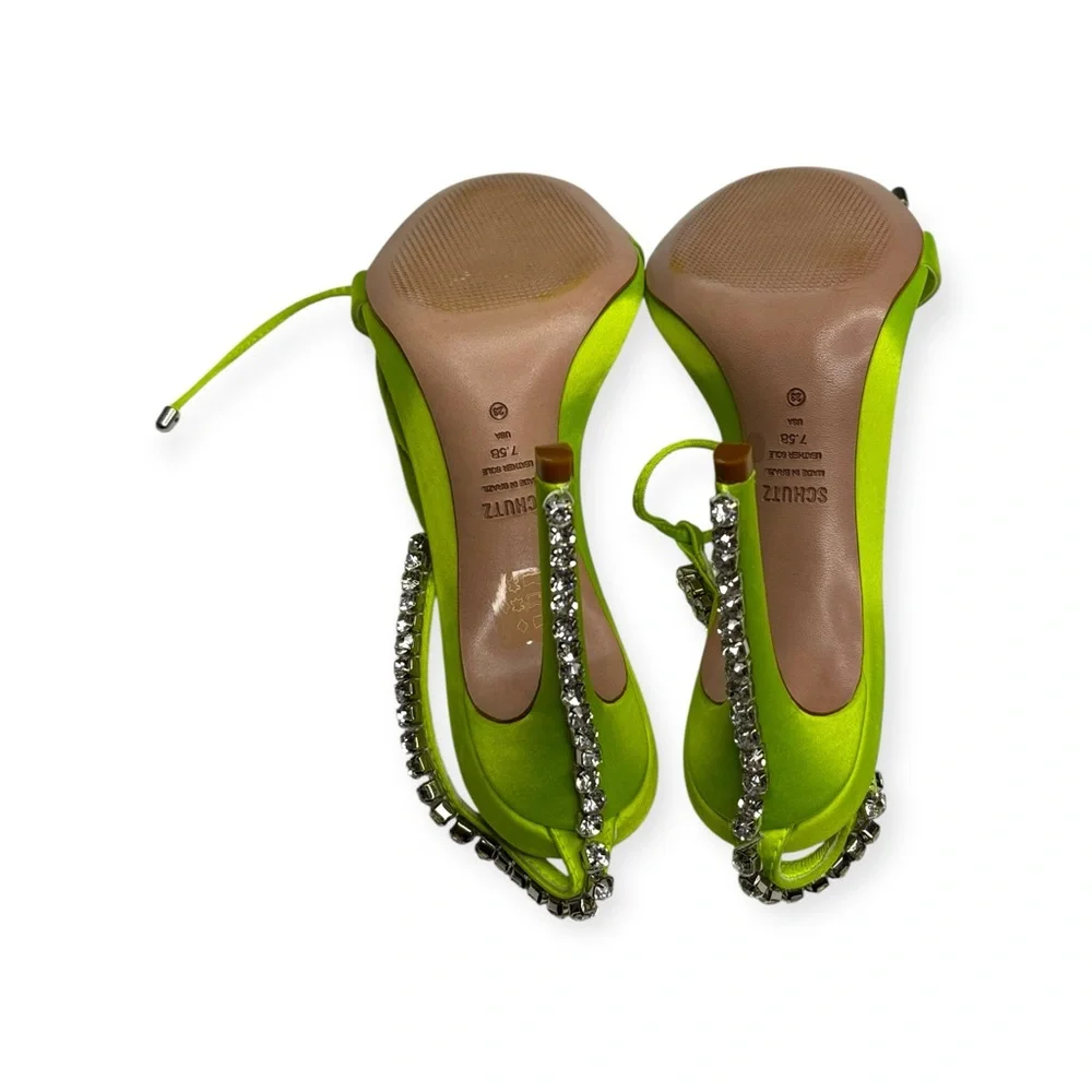 new Schutz 𒀭 Islah Satin + Crystal Heeled Sandals 𒀭Fresh Green [Neon] 𒀭 7.5M